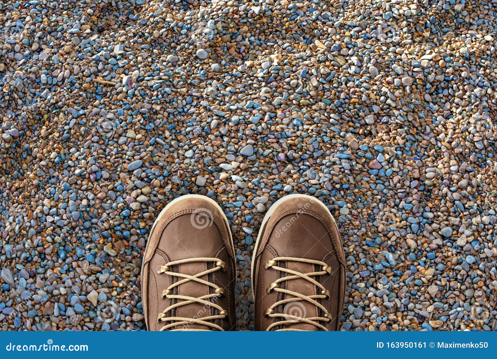 Selfie Feet in Brown Leather Shoes on Stones Floor, Pebble Beach. Foot and  Legs Seen from Above. Top View, Copyspace Stock Image - Image of foot,  guide: 163950161