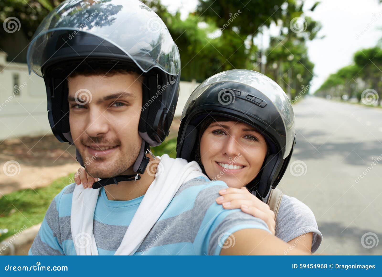 Selfie in helmets stock photo. Image of helmet, scooter 59454968