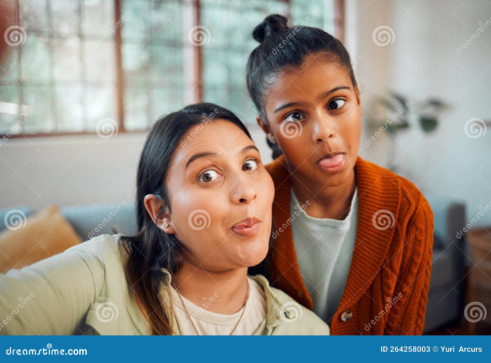 Selfie Mother And Daughter With Funny Comic Face And Bonding In Home Lounge With Love Care Or
