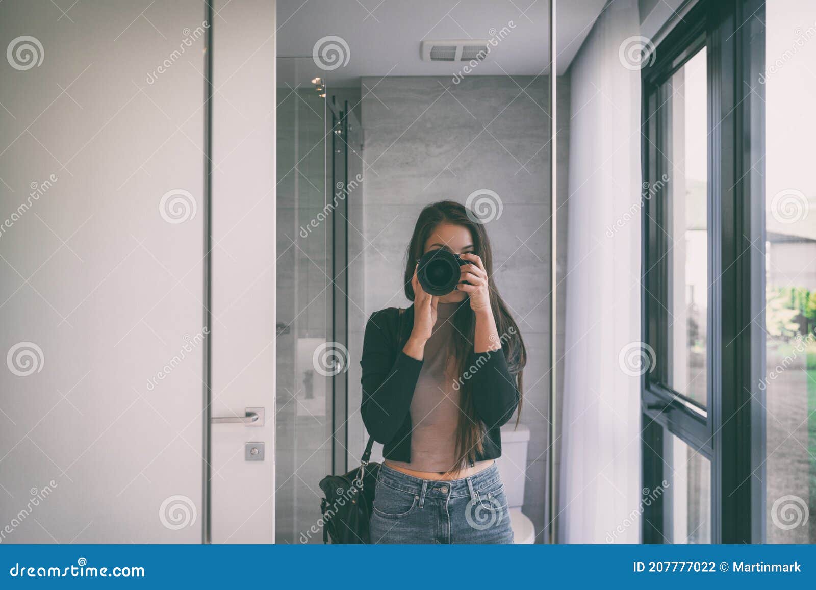 Selfie Self Portrait Woman Taking Picture With Professional Slr Camera At Home Bathroom Mirror 