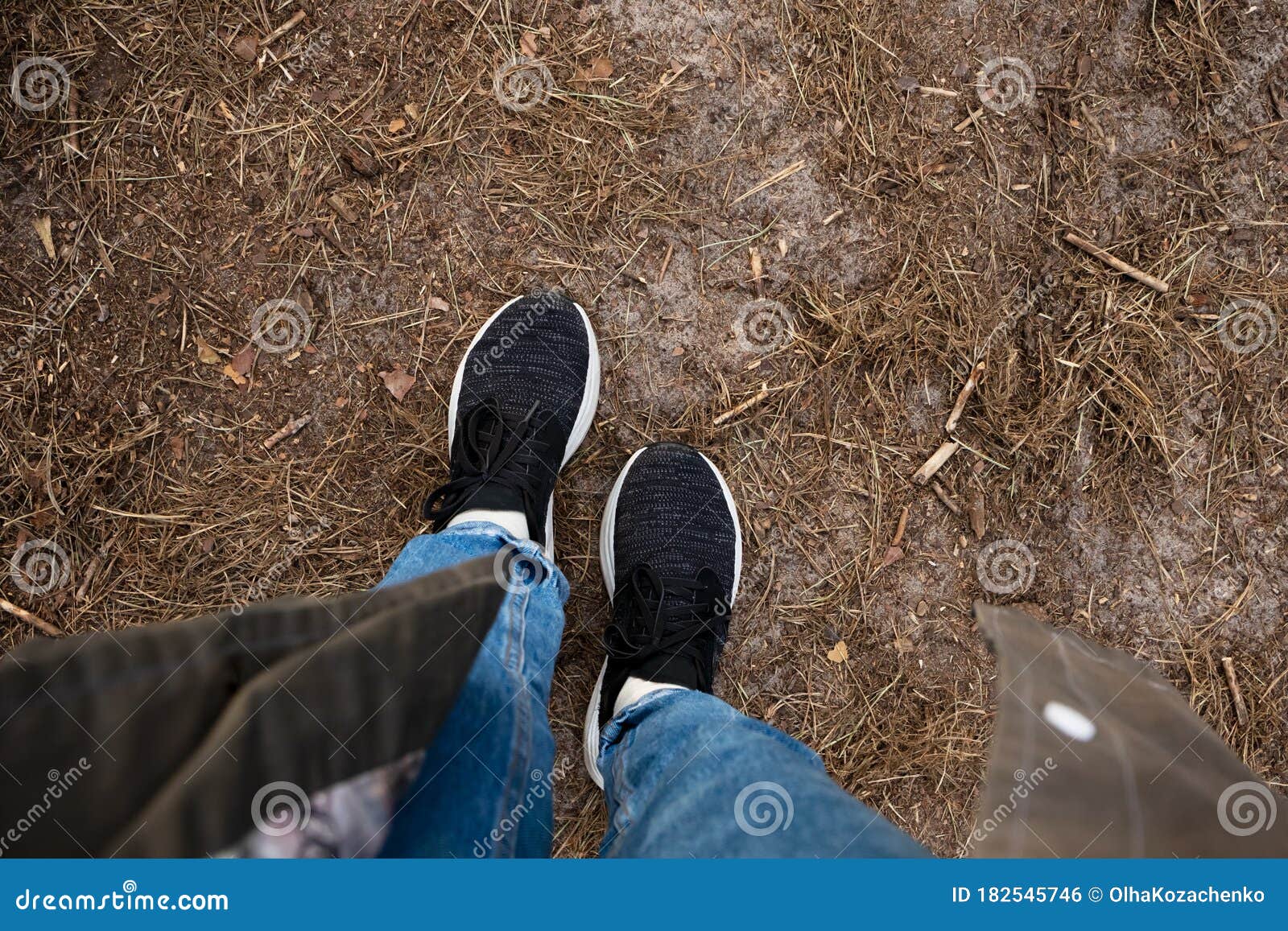 Selfie of Sneakers on Pine Forest Land. Concept of on Ground Stock Photo - Image of active: 182545746