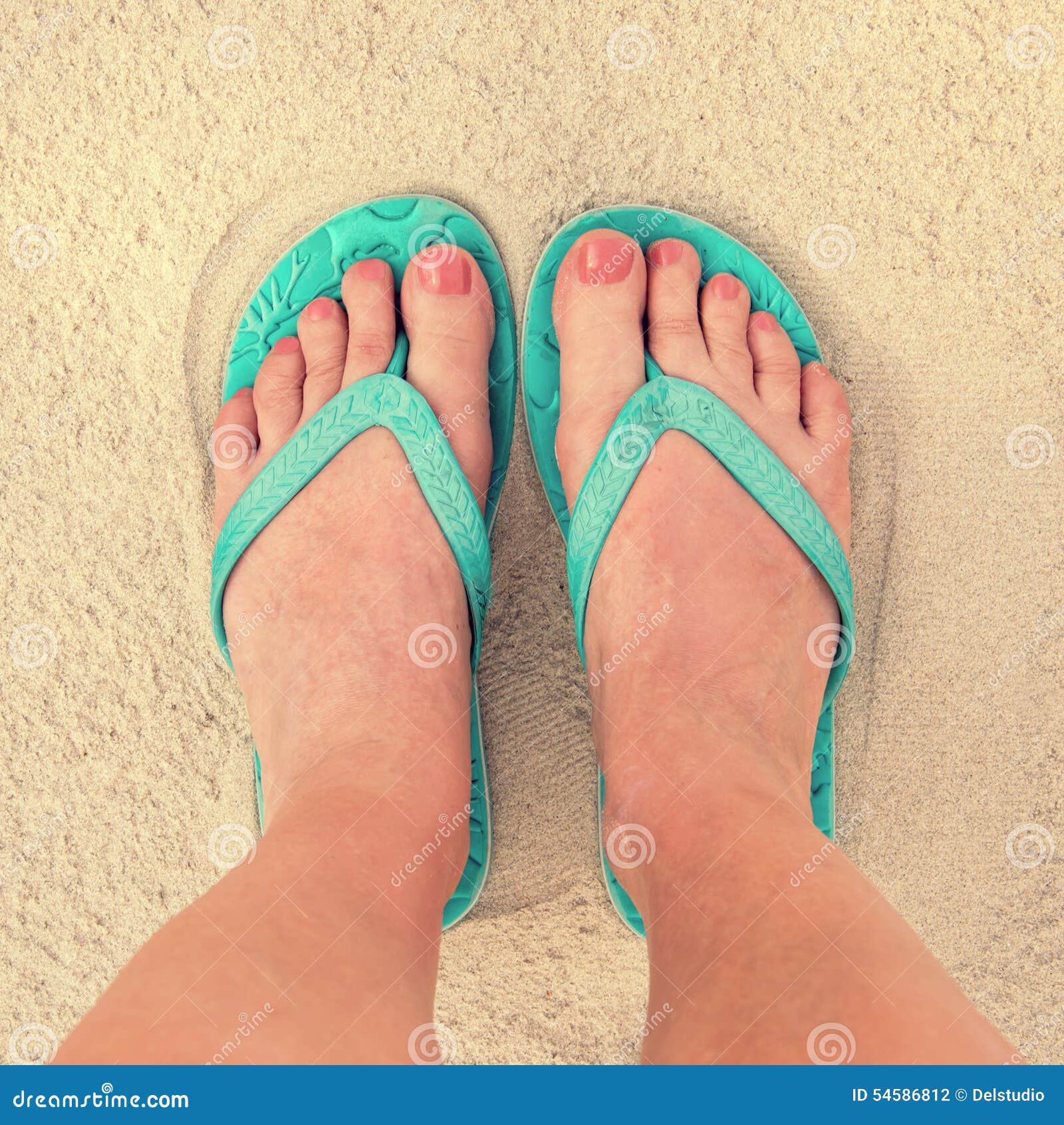 Selfie of Woman Feet Wearing Flip Flops on a Beach Stock Photo - Image ...
