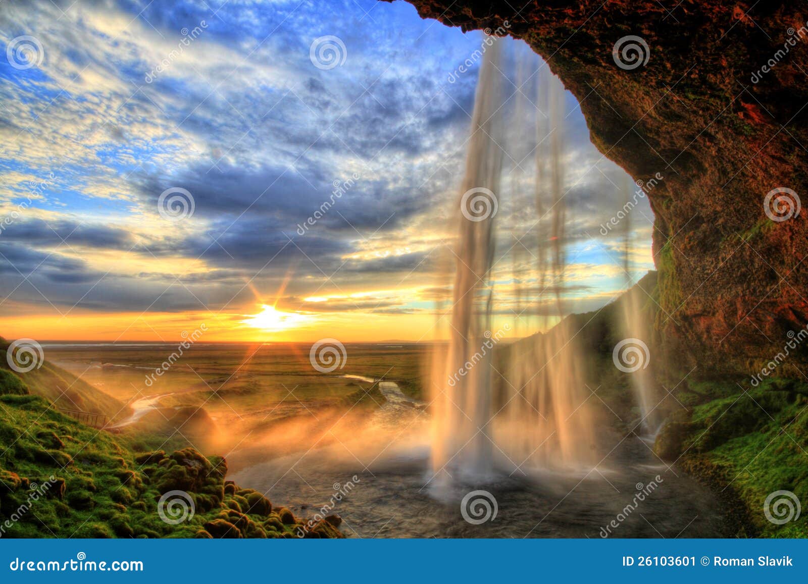 seljalandfoss waterfall at sunset in hdr, iceland