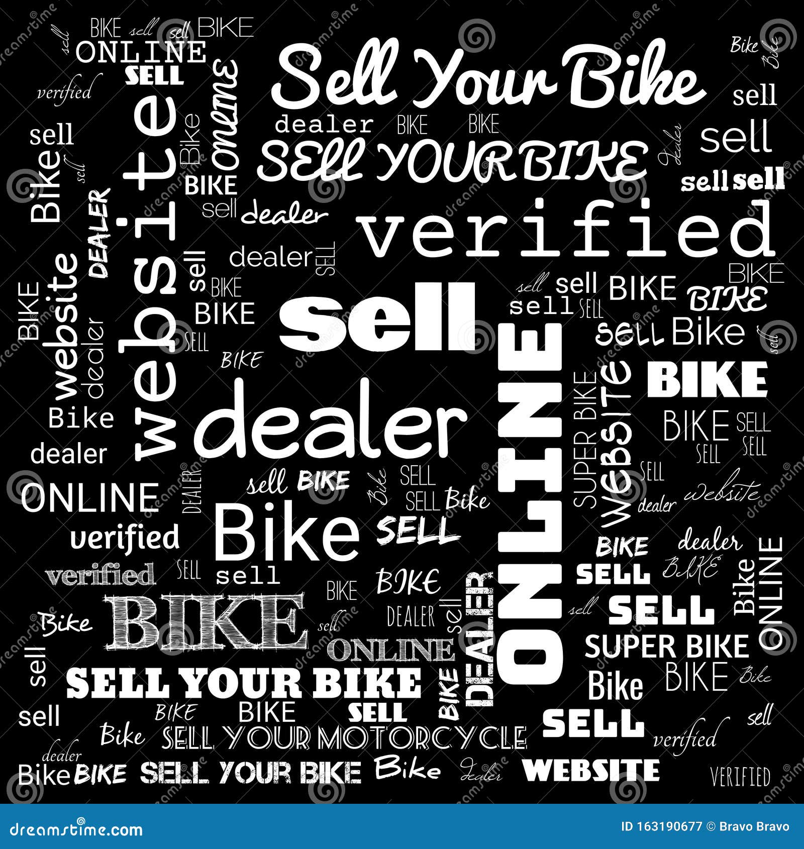 Sell Bike Word Cloud Use for Banner, Painting, Motivation, Web-page, Website Background, T-shirt and Shirt Printing, Poster, Stock Illustration