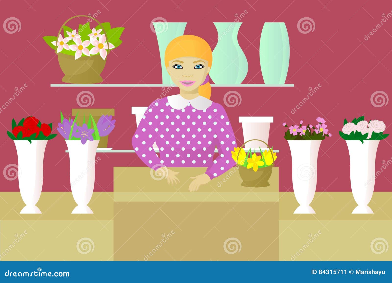 Seller in flower shop stock vector. Illustration of woman 84315711