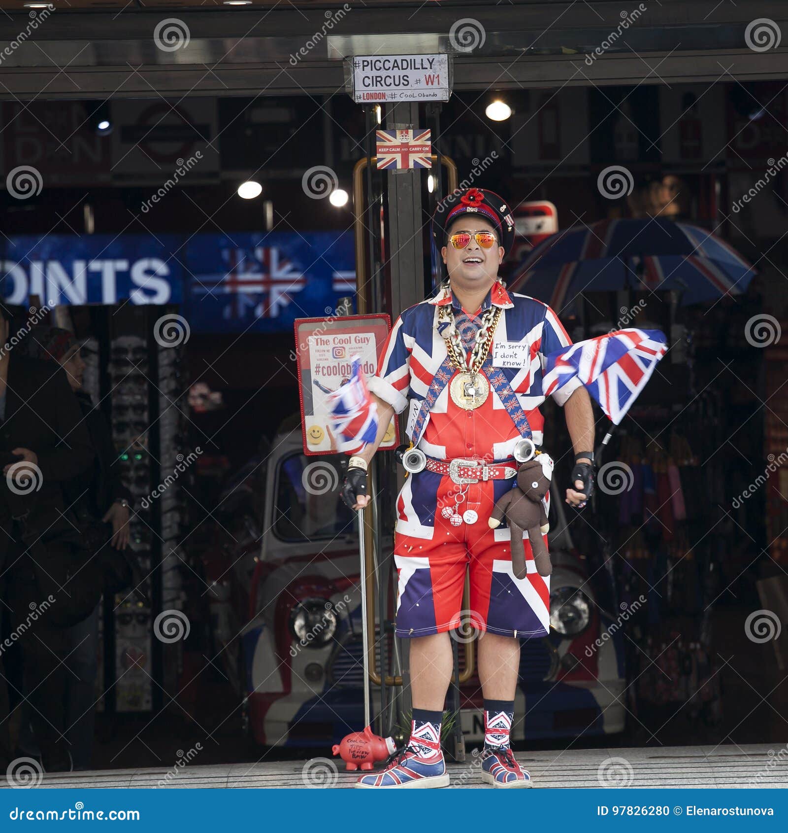 Seller Wears Uniform Symbolizing English Flag at Entrance of Shop Cool ...