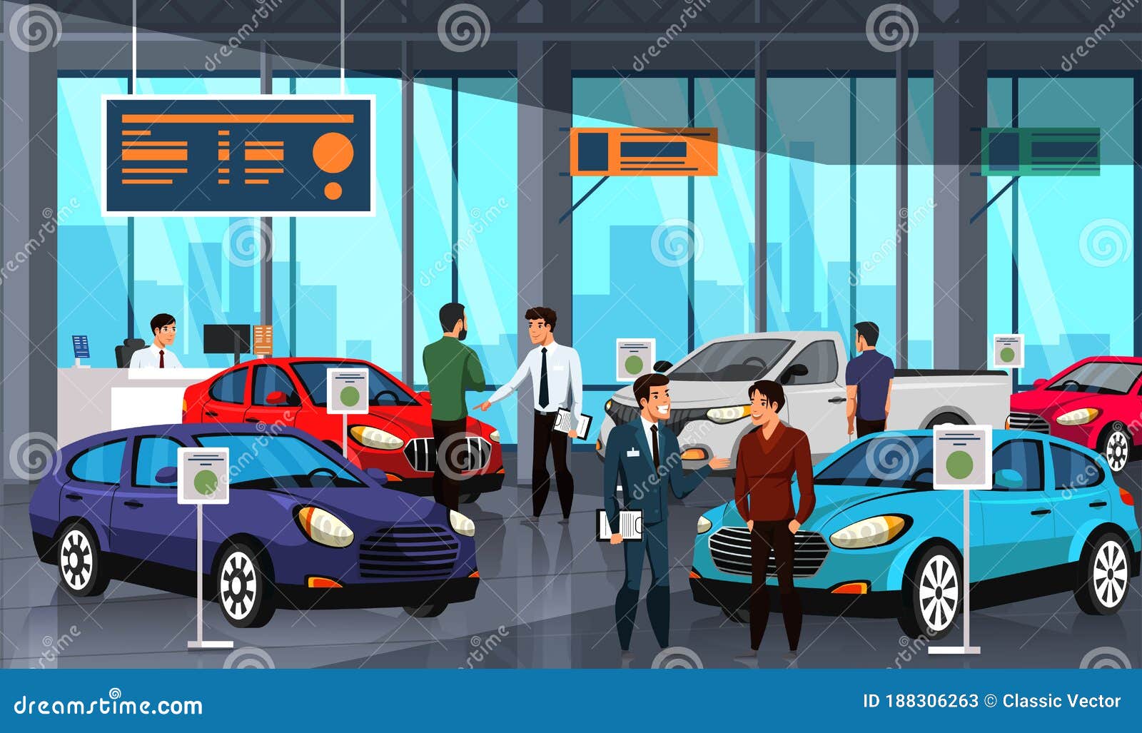 sellers and potential buyers group in car showroom