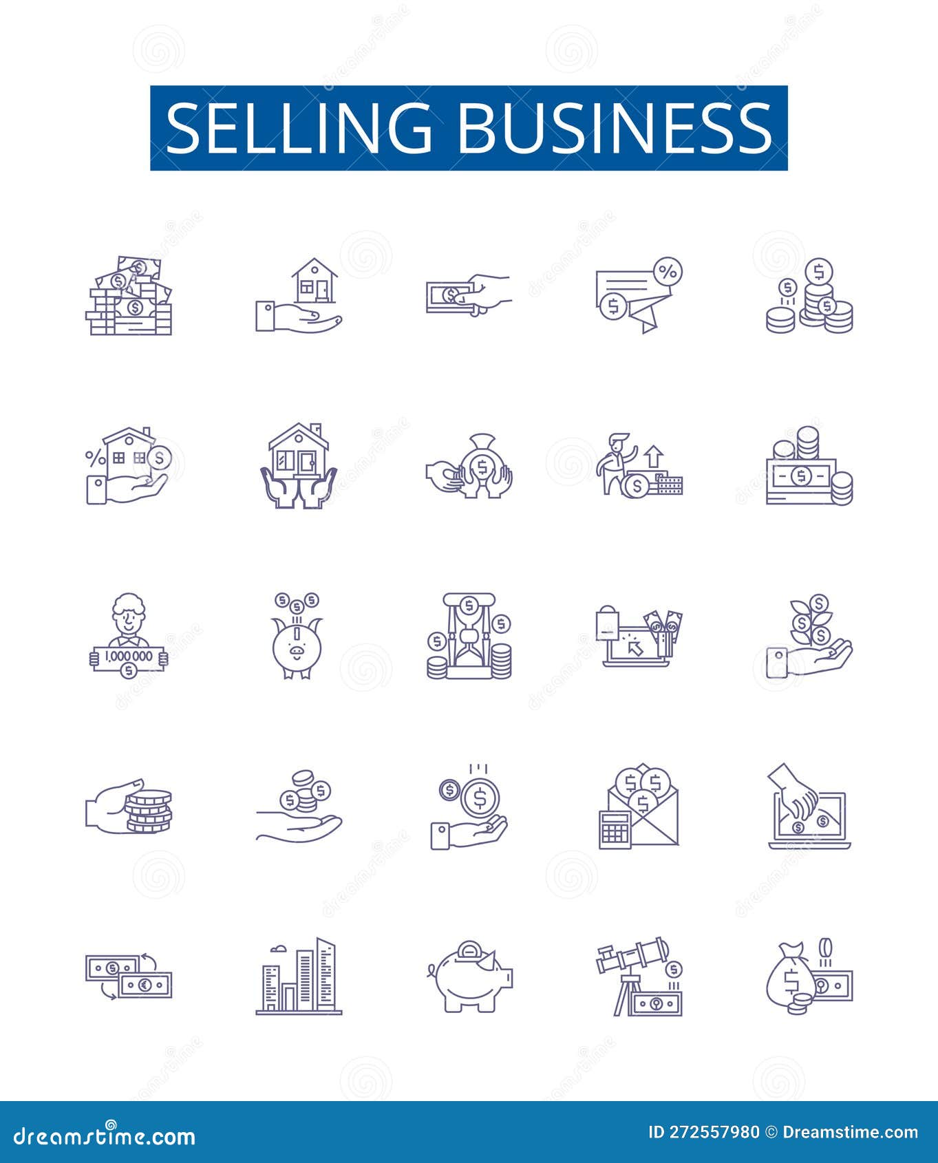 selling business line icons signs set.  collection of vending, merchandising, trading, brokering, marketing