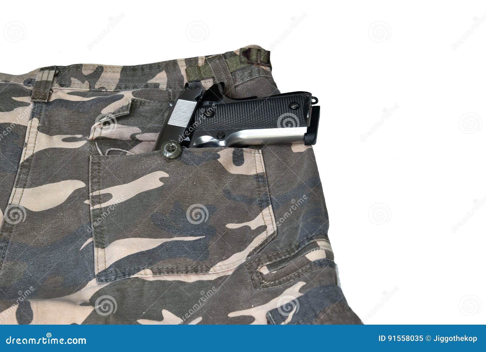 1911 Semi Automatic Handgun in Camouflage Pant Pocket White Back Stock
