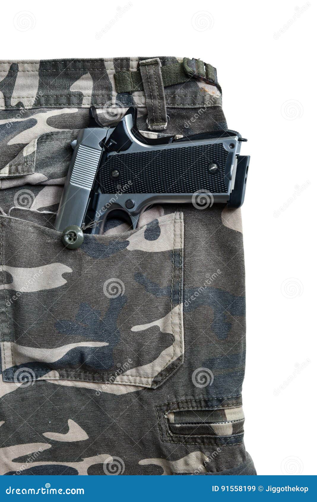 1911 Semi Automatic Handgun in Camouflage Pant Pocket White Back Stock