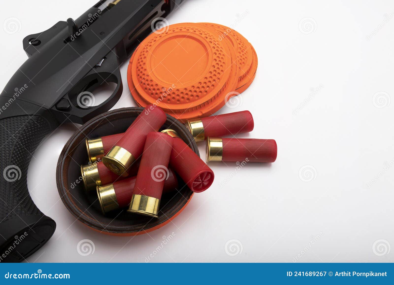 Semi Automatic Shotgun and Bullet Shells on White Background , Clay Pigeons Shooting Game Stock Image