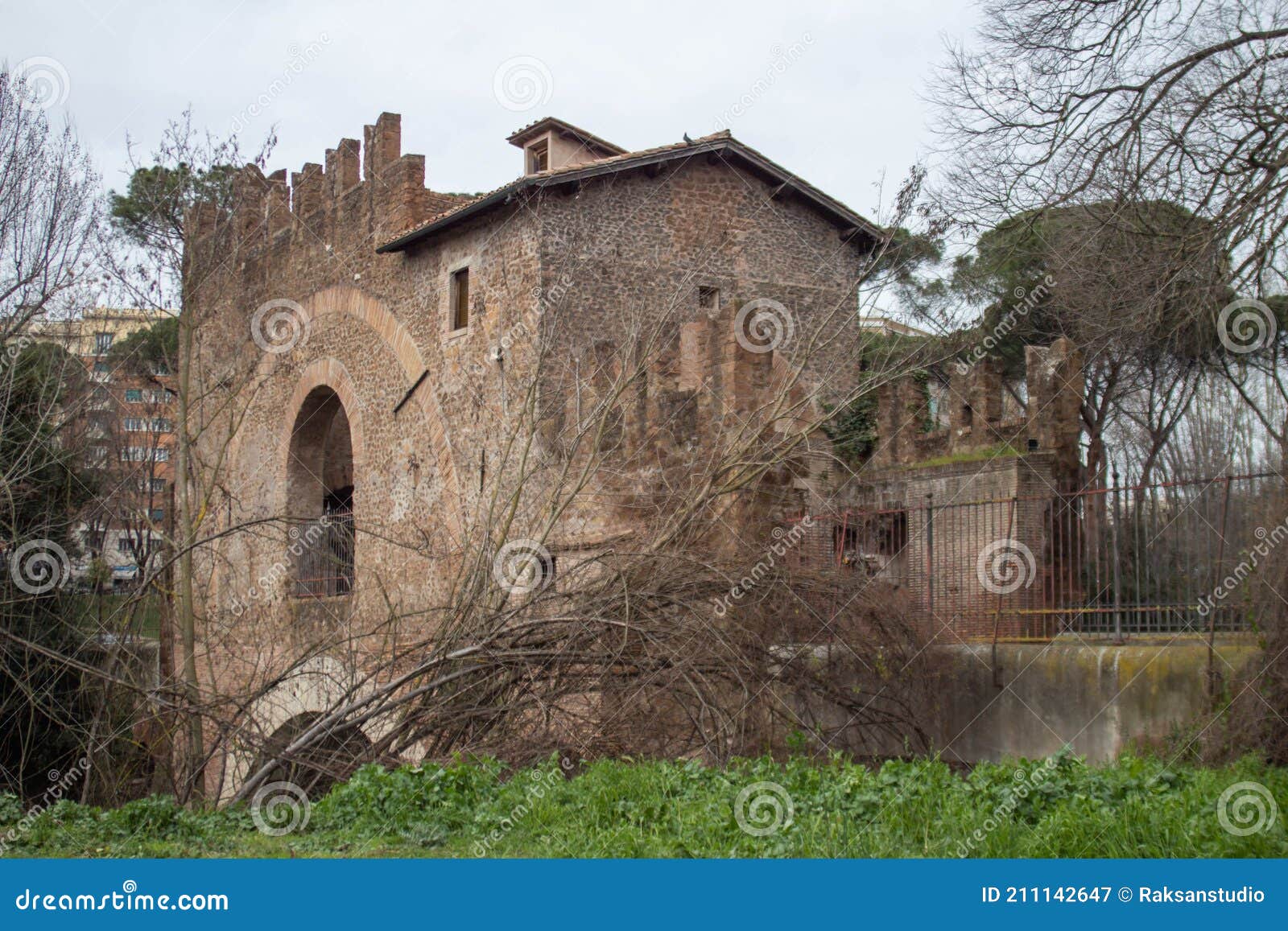 semi-circular arch at medieval bridge tower in rome,italy.the ponte nomentano ponte tazio