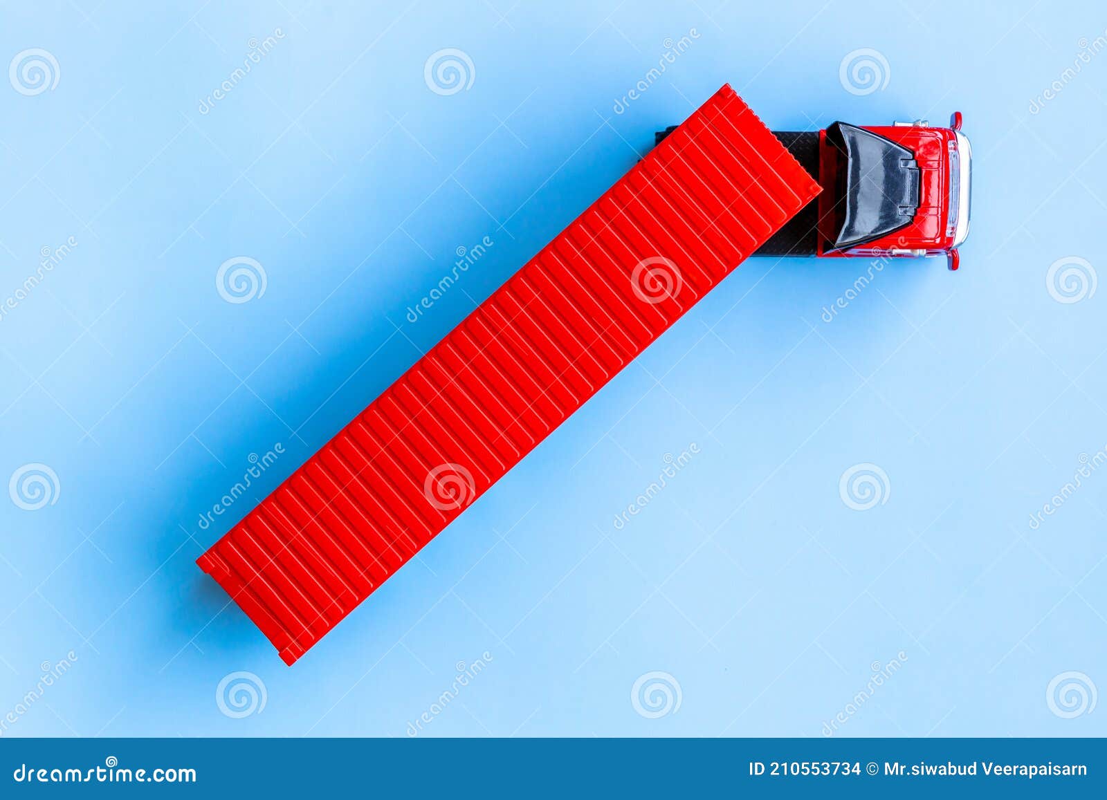 semi trailer truck lorry container cargo vehicle on blue background, view from above, aerial top view of semi truck with container