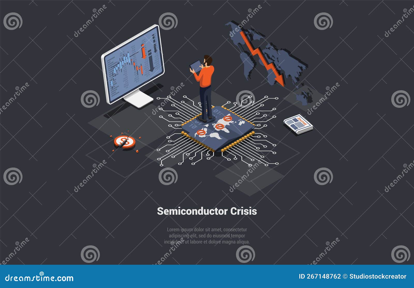 Semiconductor Crisis Concept, Economy Crisis, Microchips Deficit for