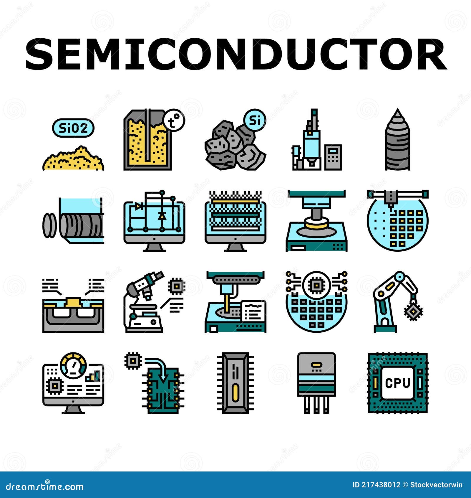 semiconductor manufacturing plant icons set 