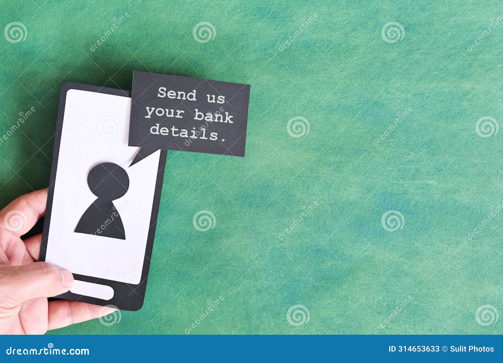 send credit card bank details text message smishing scam concept. hand holding phone with message from unknown sender.
