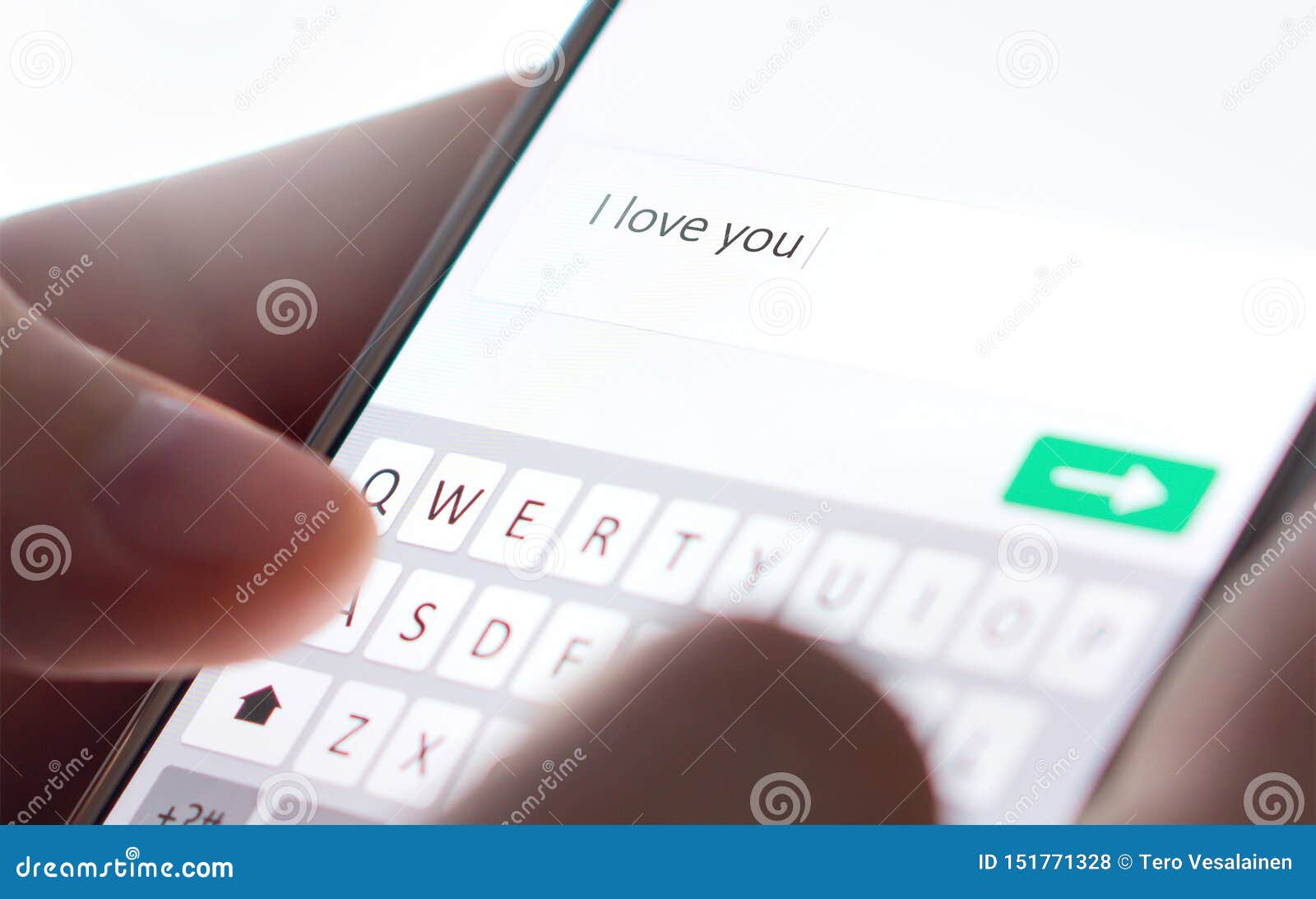 sending i love you text message with mobile phone. online dating, texting or catfishing concept. romance fraud, scam.