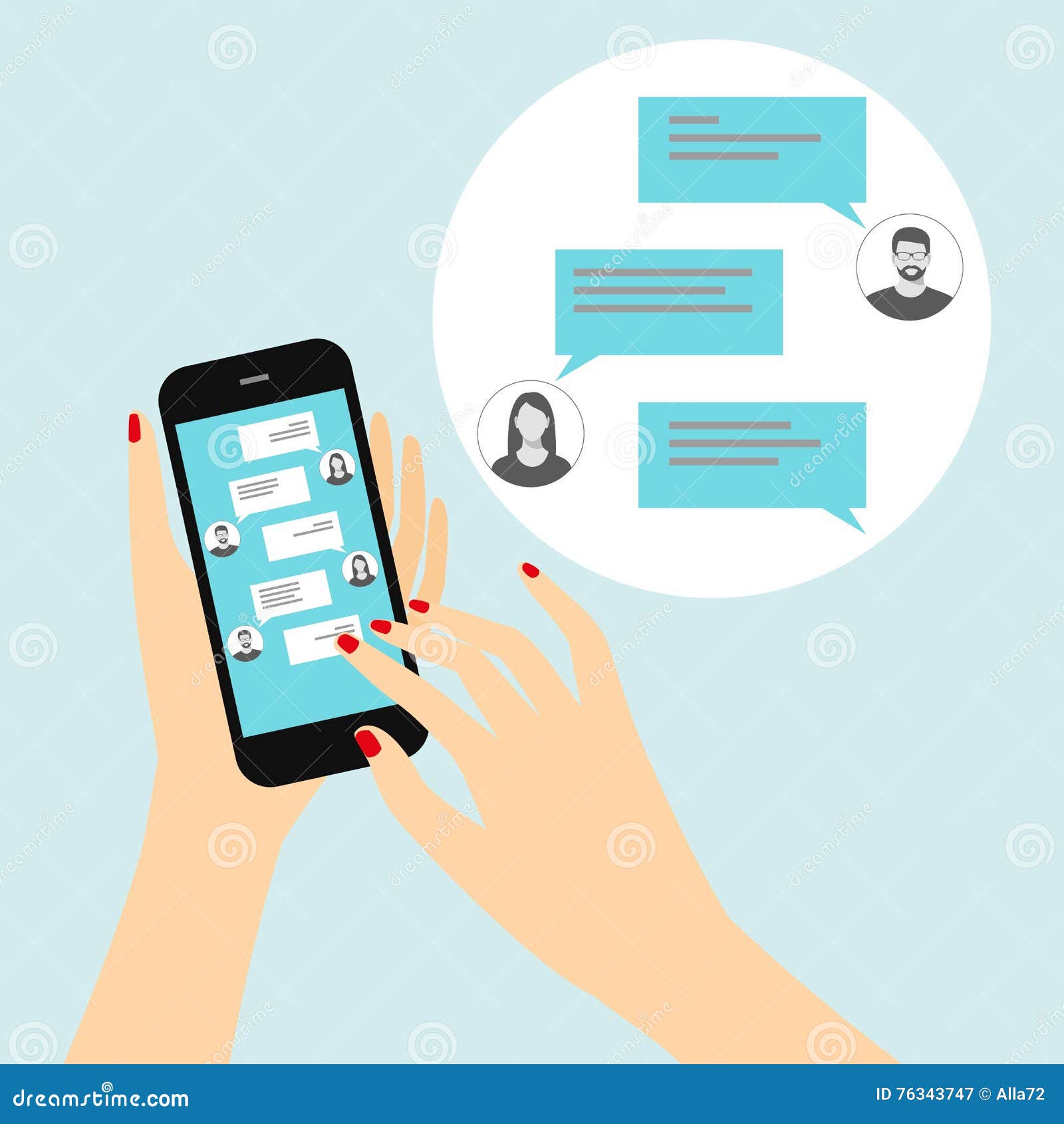 sending messages to friends via instant messaging. female hand holding a smartphone with a chat on the display