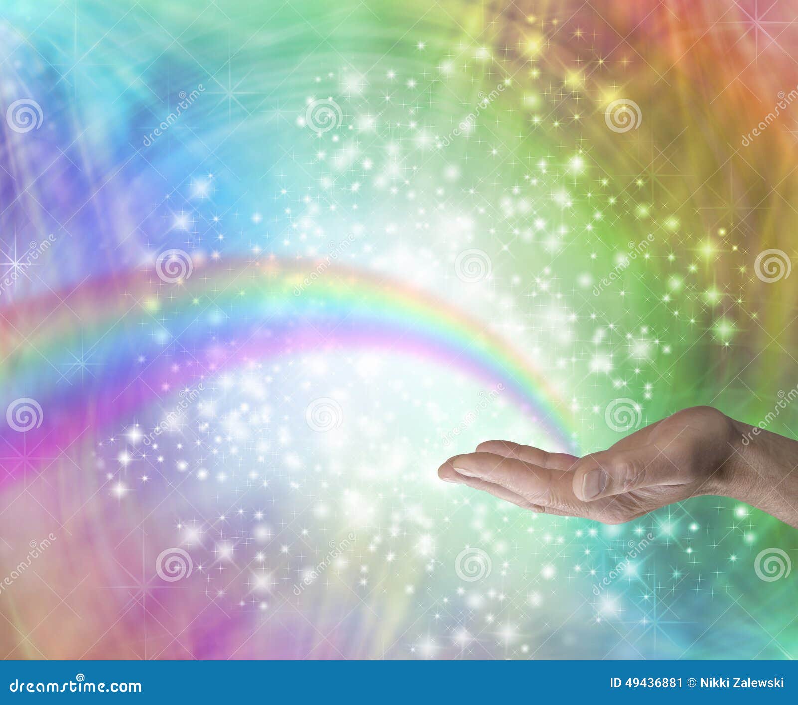 sending rainbow healing energy male hand palm up appearing to end his palm colored background glittering 49436881