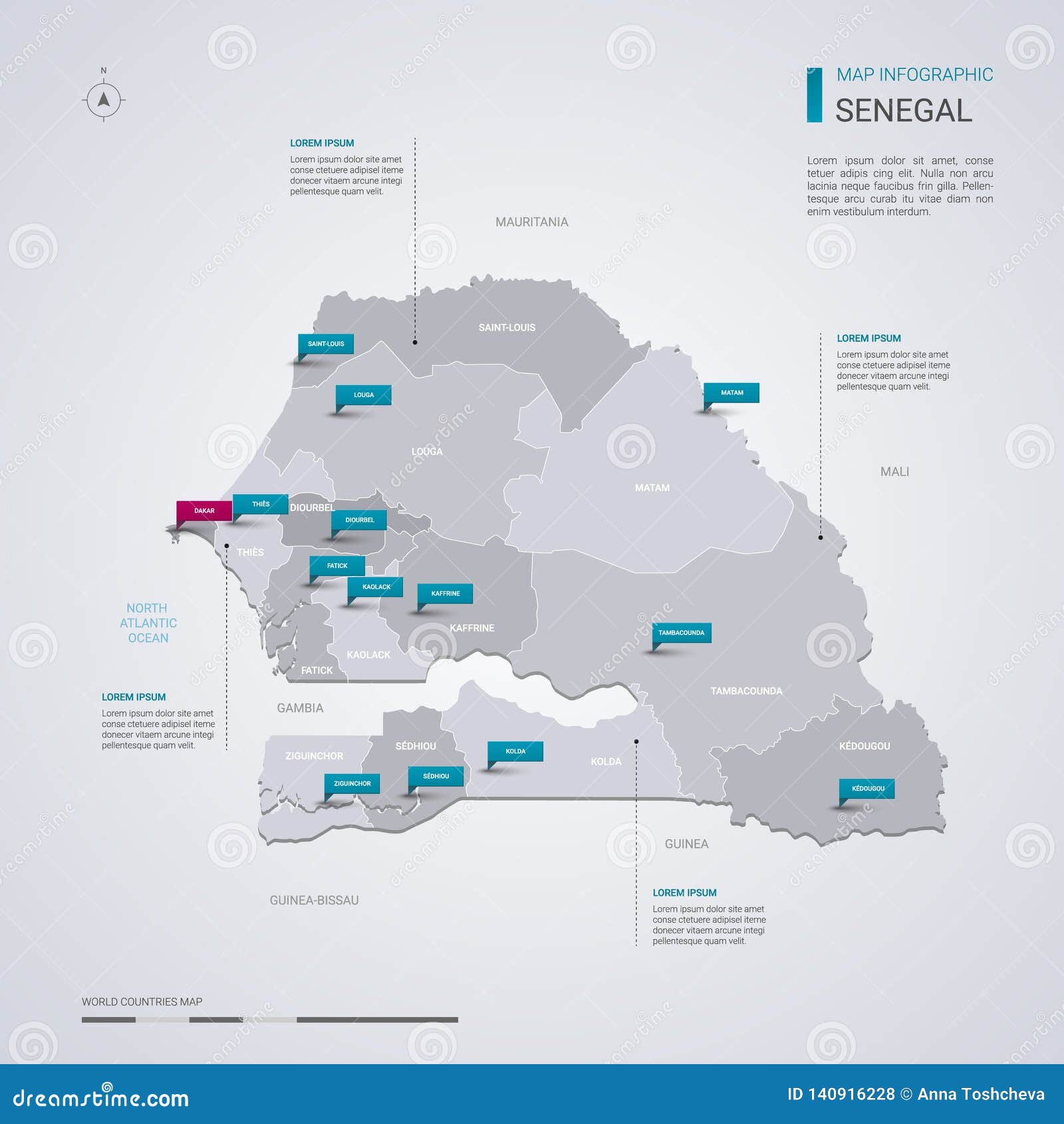 senegal  map with infographic s, pointer marks