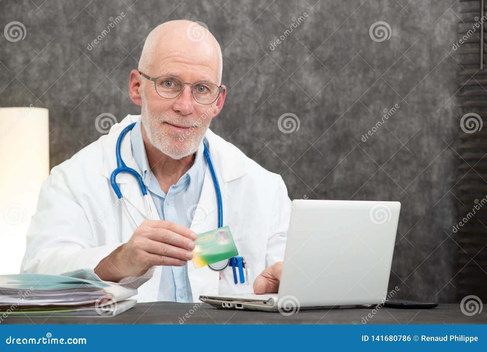 Senior Bearded Doctor with Health Insurance Card Stock Photo - Image of ...