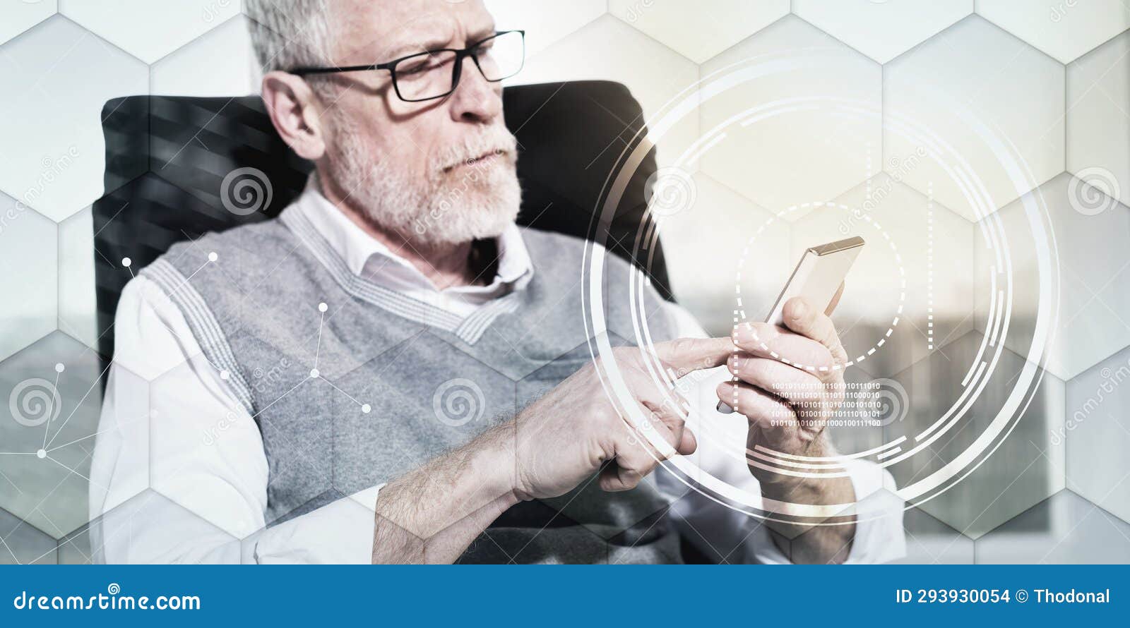 Senior Businessman Using His Mobile Phone, Light Effect, Overlayed with