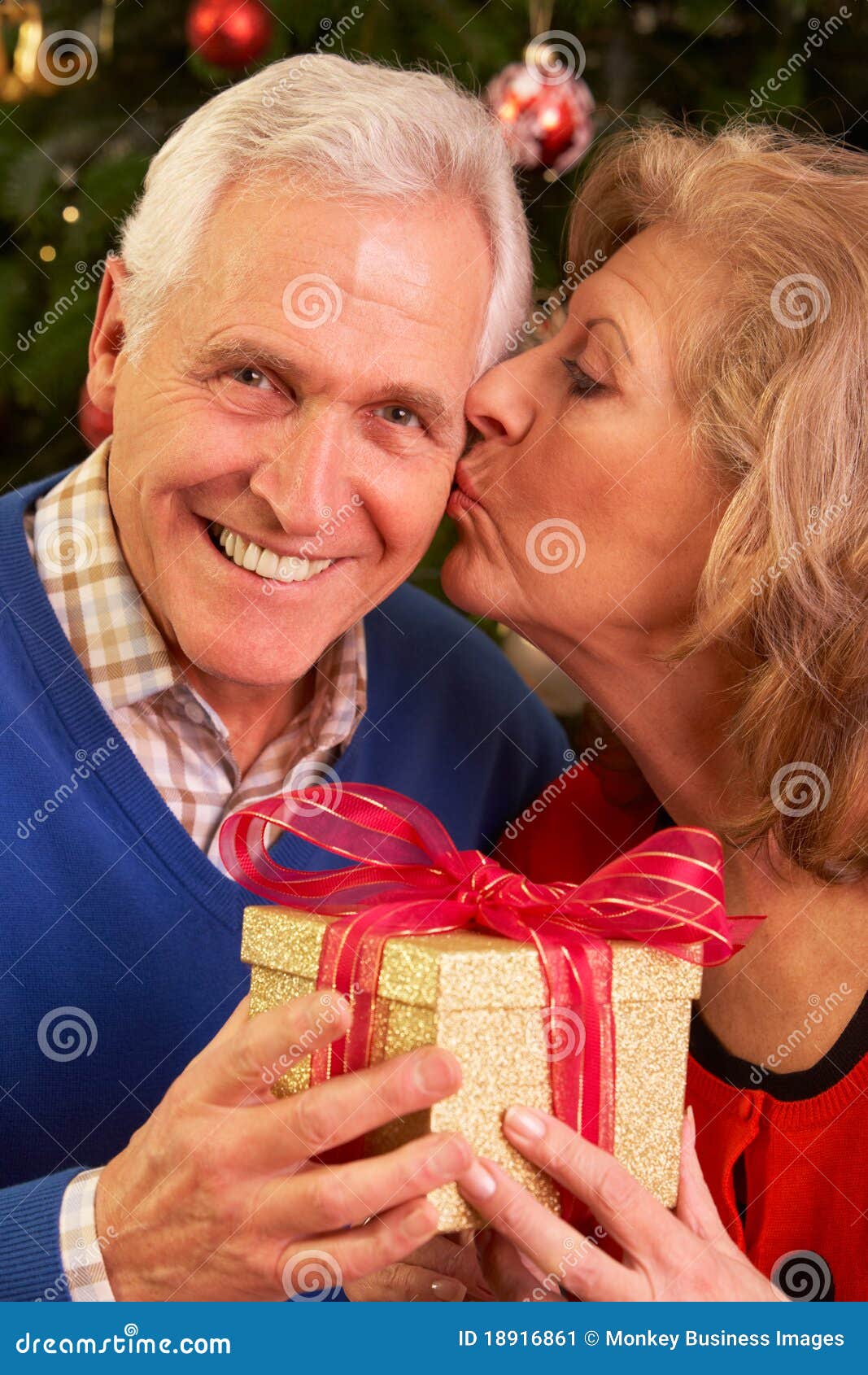 senior couple exchanging christmas gifts