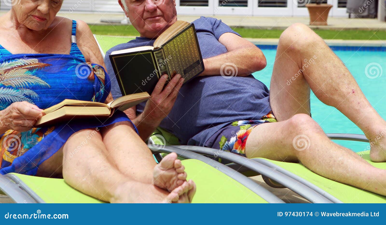 Senior Couple Reading Books On Lounge Chair Stock Footage Video
