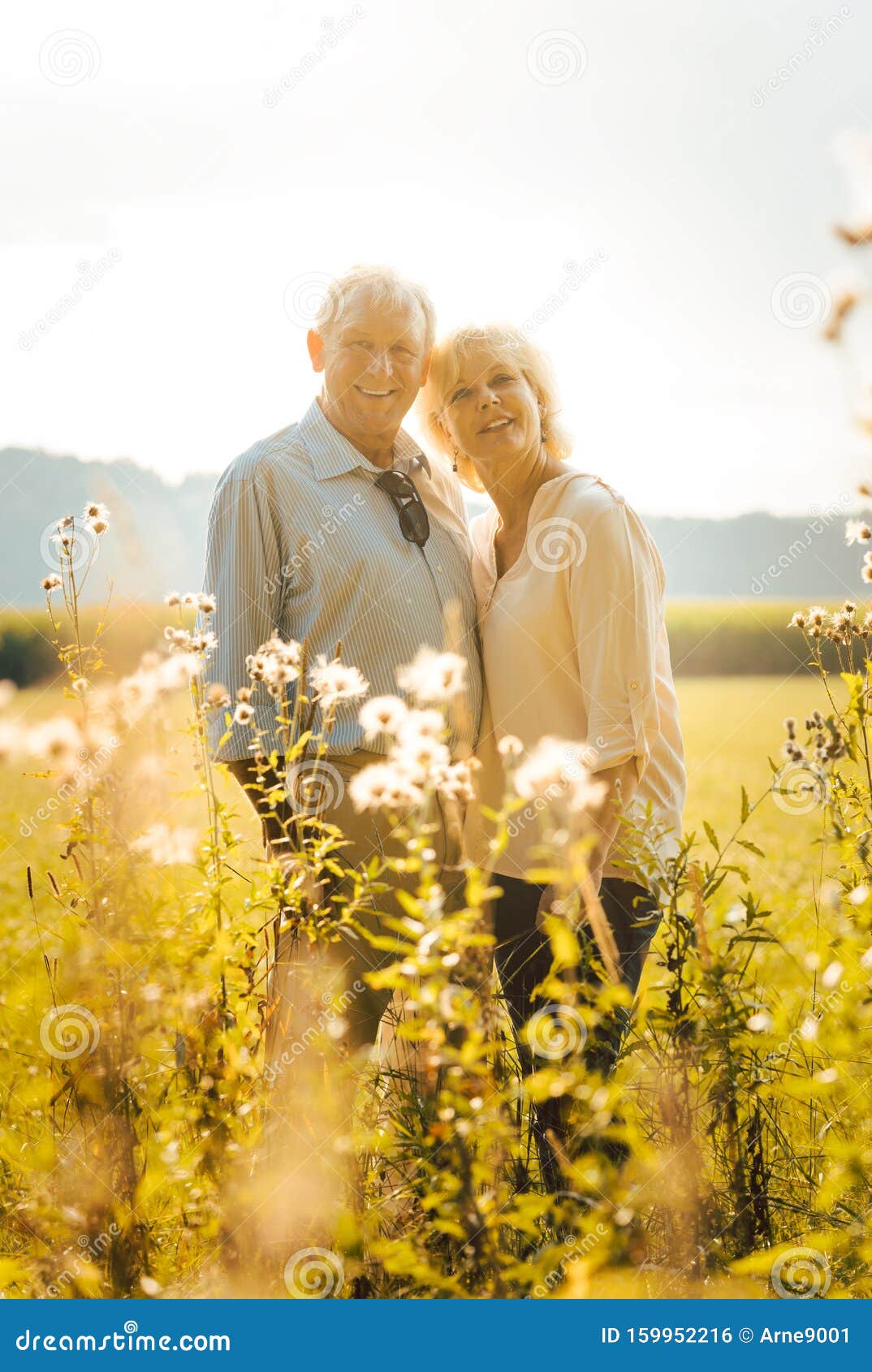 Senior Couple on a Sunlit Meadow Embracing Each Other Stock Photo