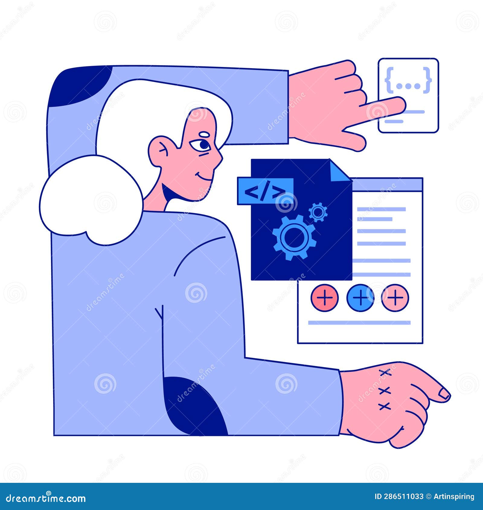 Senior Developer. Old Woman Programming and Coding Stock Vector