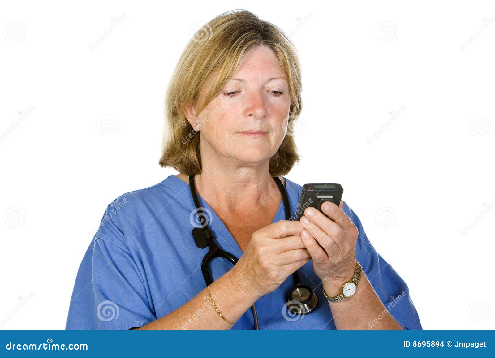 Senior Female Doctor Checking Pager Stock Photo Image of call, pager 8695894
