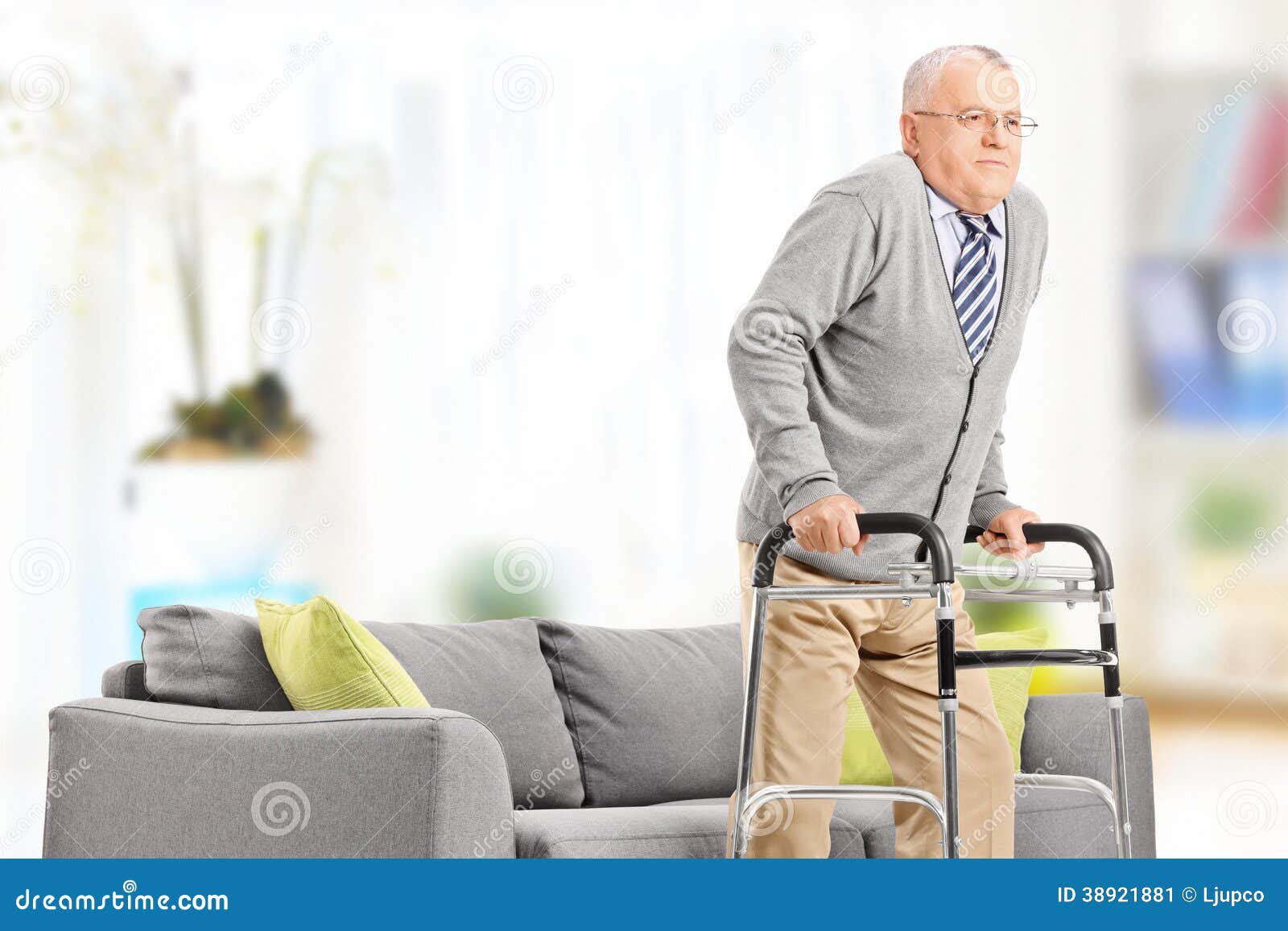 Senior Gentleman Walking with Walker Stock Image Image of couch