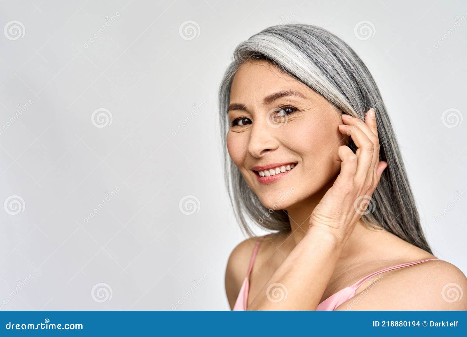 Senior Happy Middle Aged Mature Asian Woman Headshot Portrait Skin