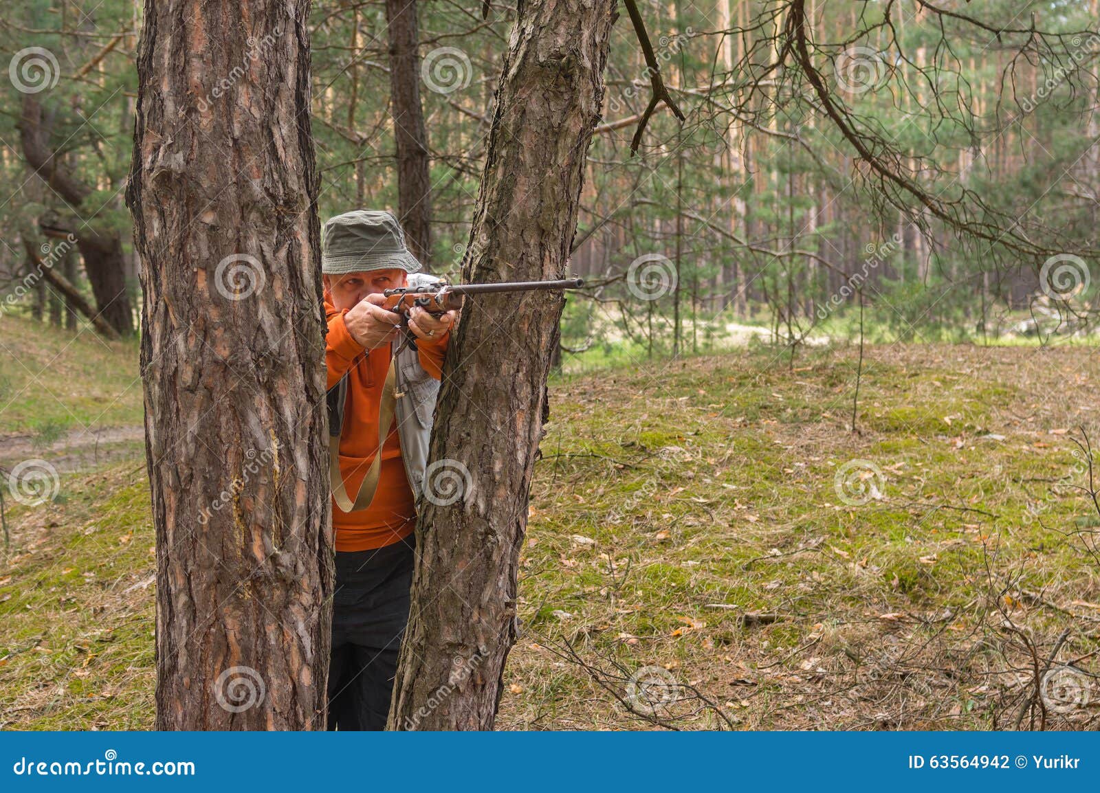 Senior Hunter Aim Rifle Standing between Stock Photo Image