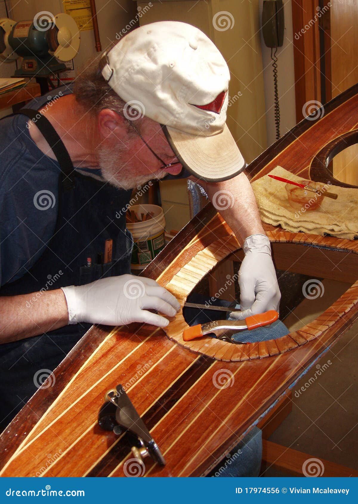 Senior Man Building Wood Strip Kayak Stock Photo - Image 