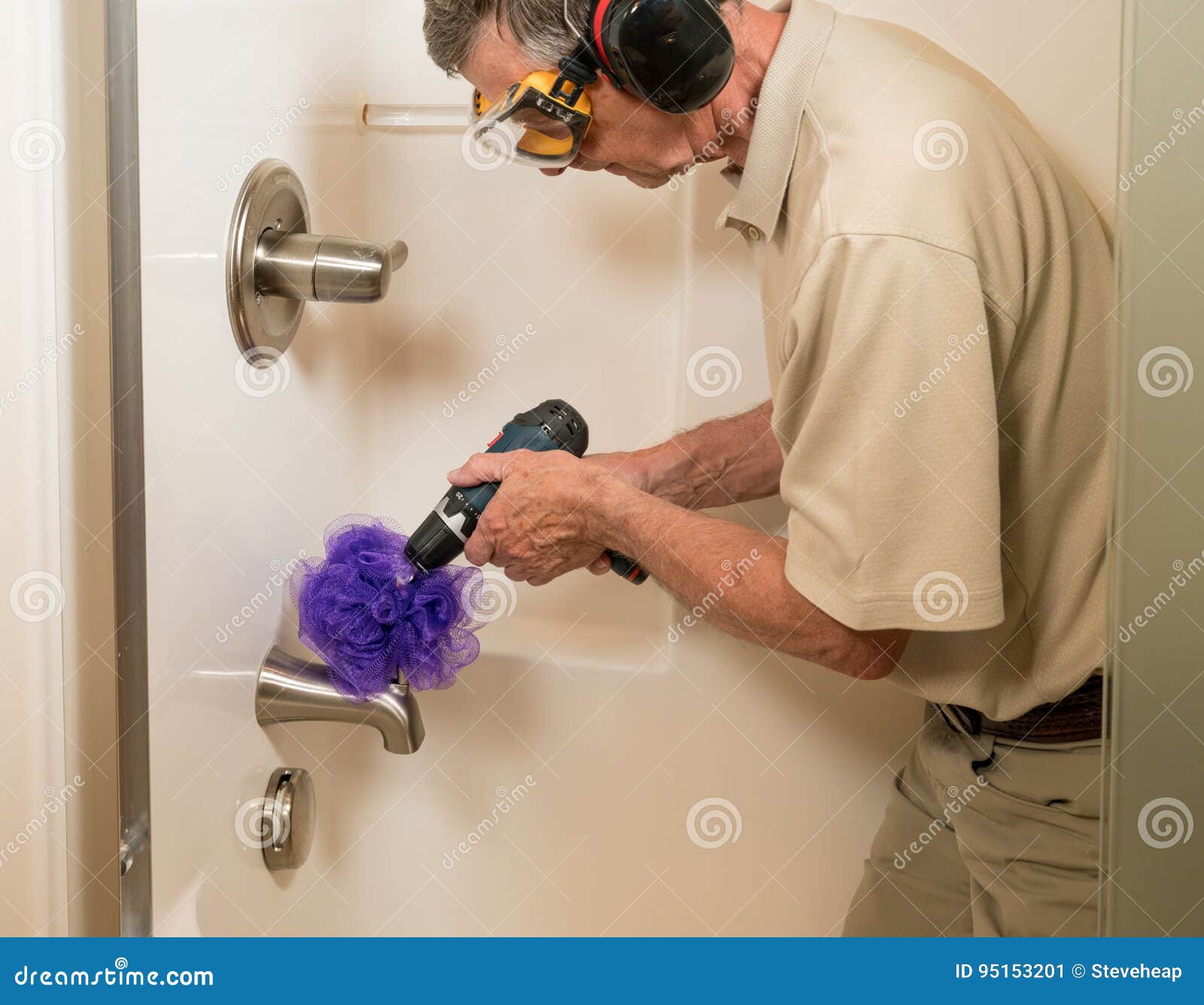 Senior Man Cleaning a Shower with Power Drill Stock Image Image of