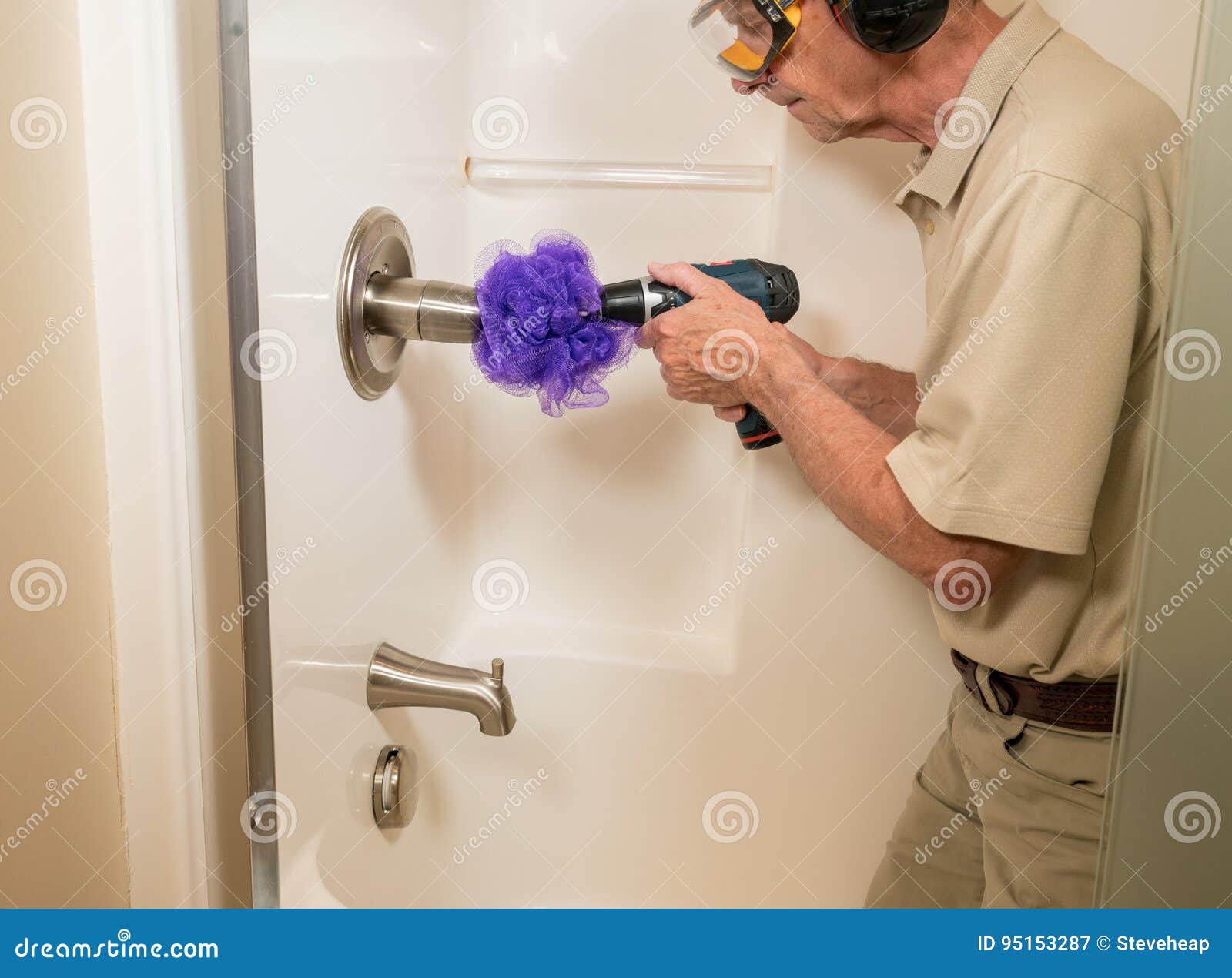 Senior Man Cleaning a Shower with Power Drill Stock Image Image of