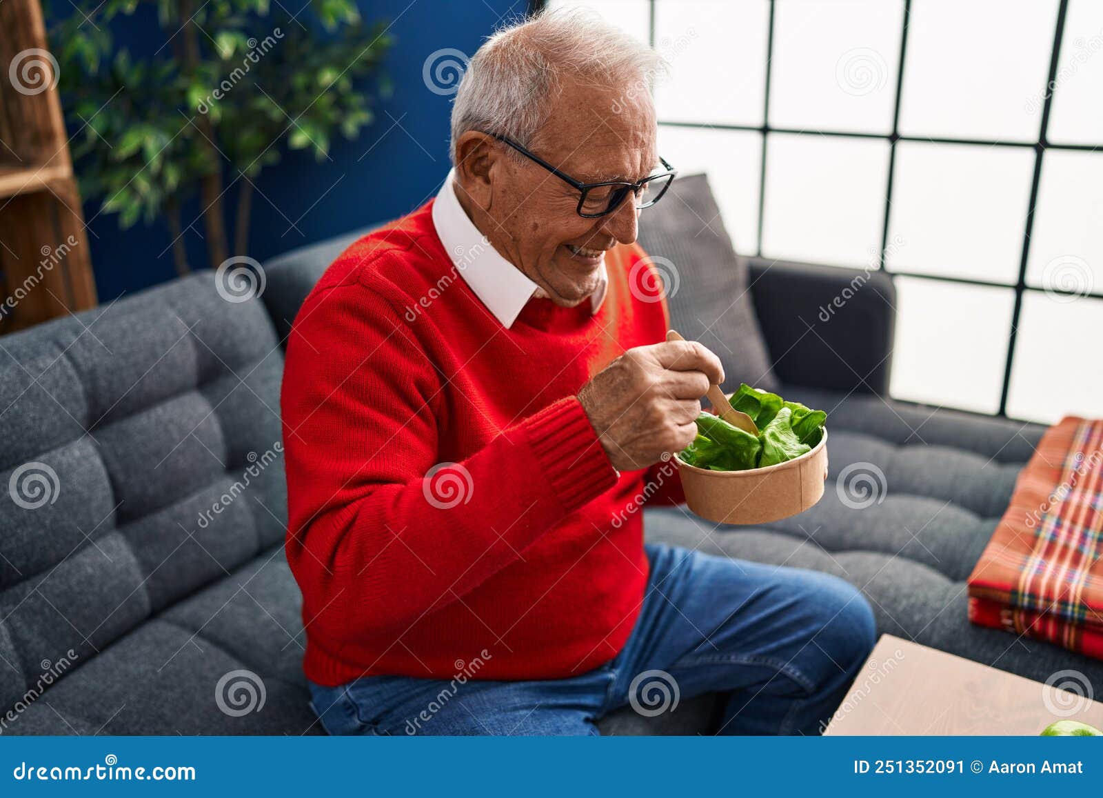 Senior Man Eating Salad Sitting on Sofa at Home Stock Image Image of