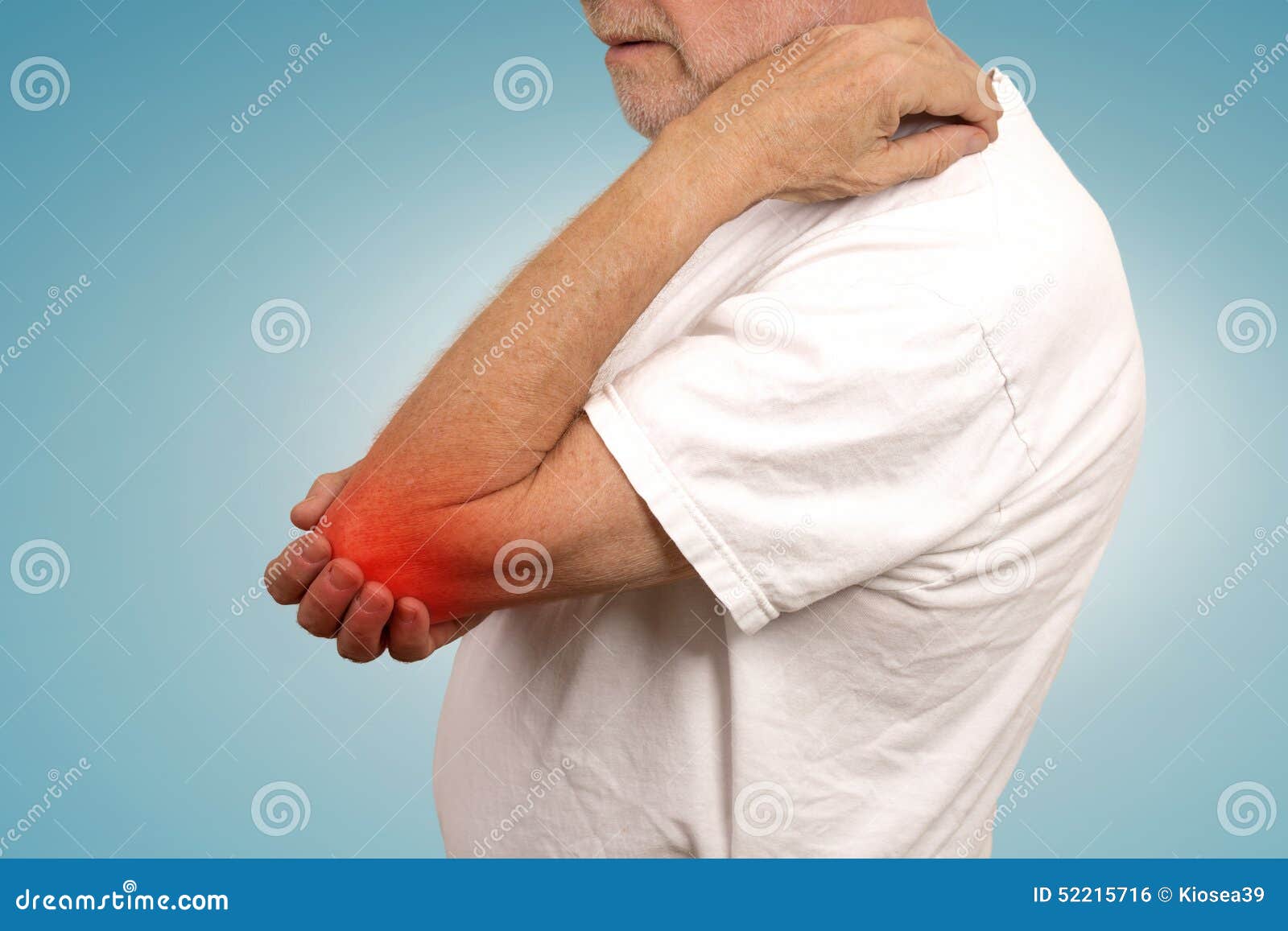 senior man with elbow inflammation colored in red suffering from pain