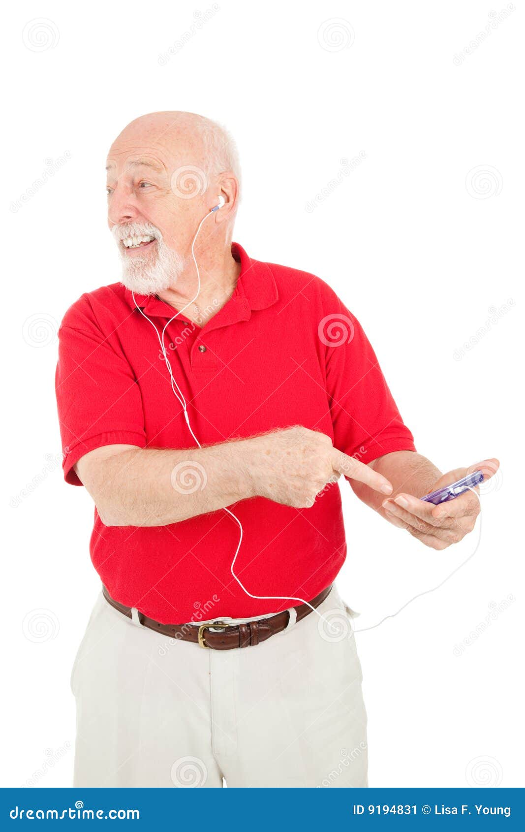 senior man excited about mp3 player