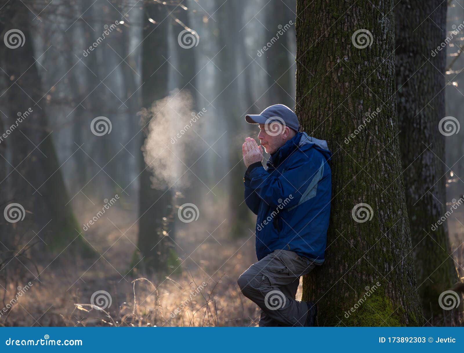 Senior Man Hiker Warming Hands In Forest Stock Image Image Of Rubbing Hobby