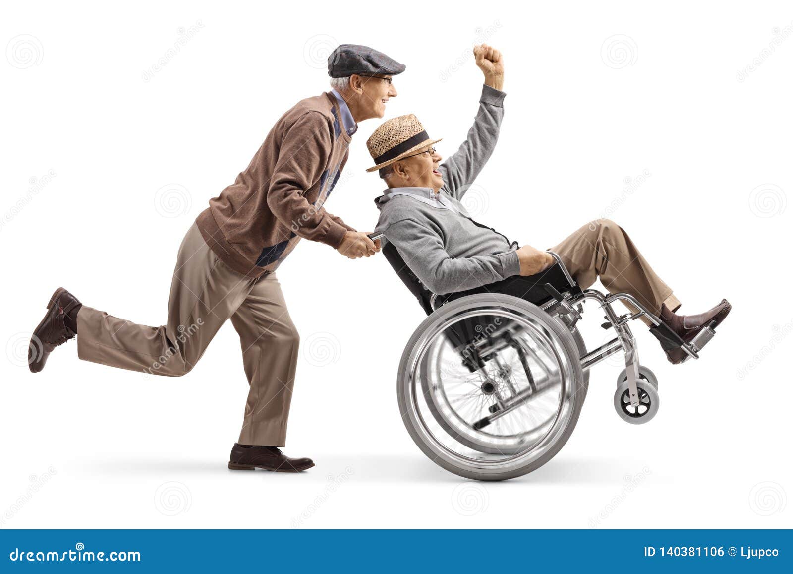 Senior Man Pushing a Positive Disabled Man in a Wheelchair Gesturing ...