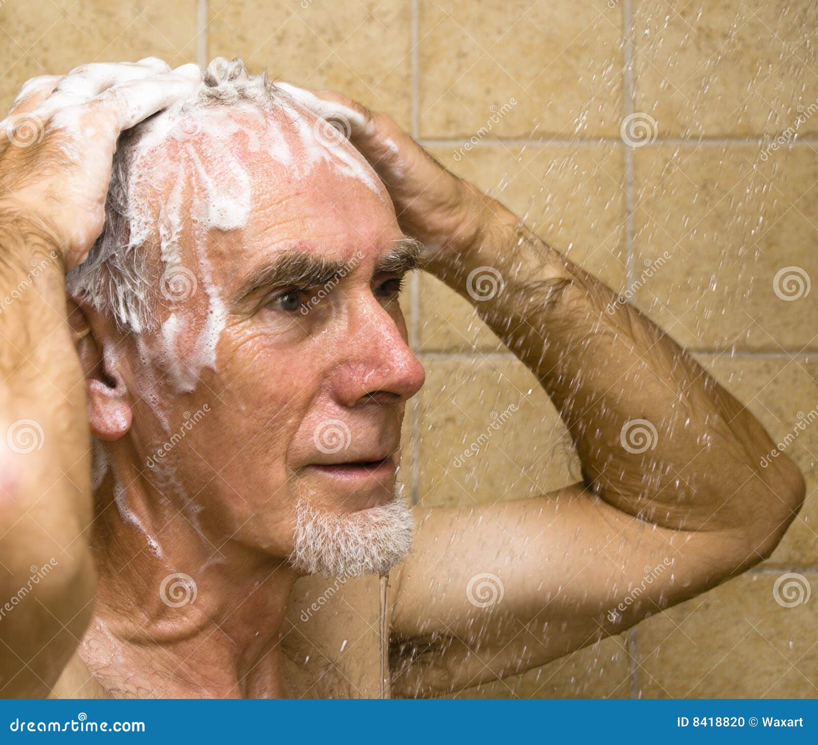 Senior man in shower stock photo. Image of arms, head 8418820