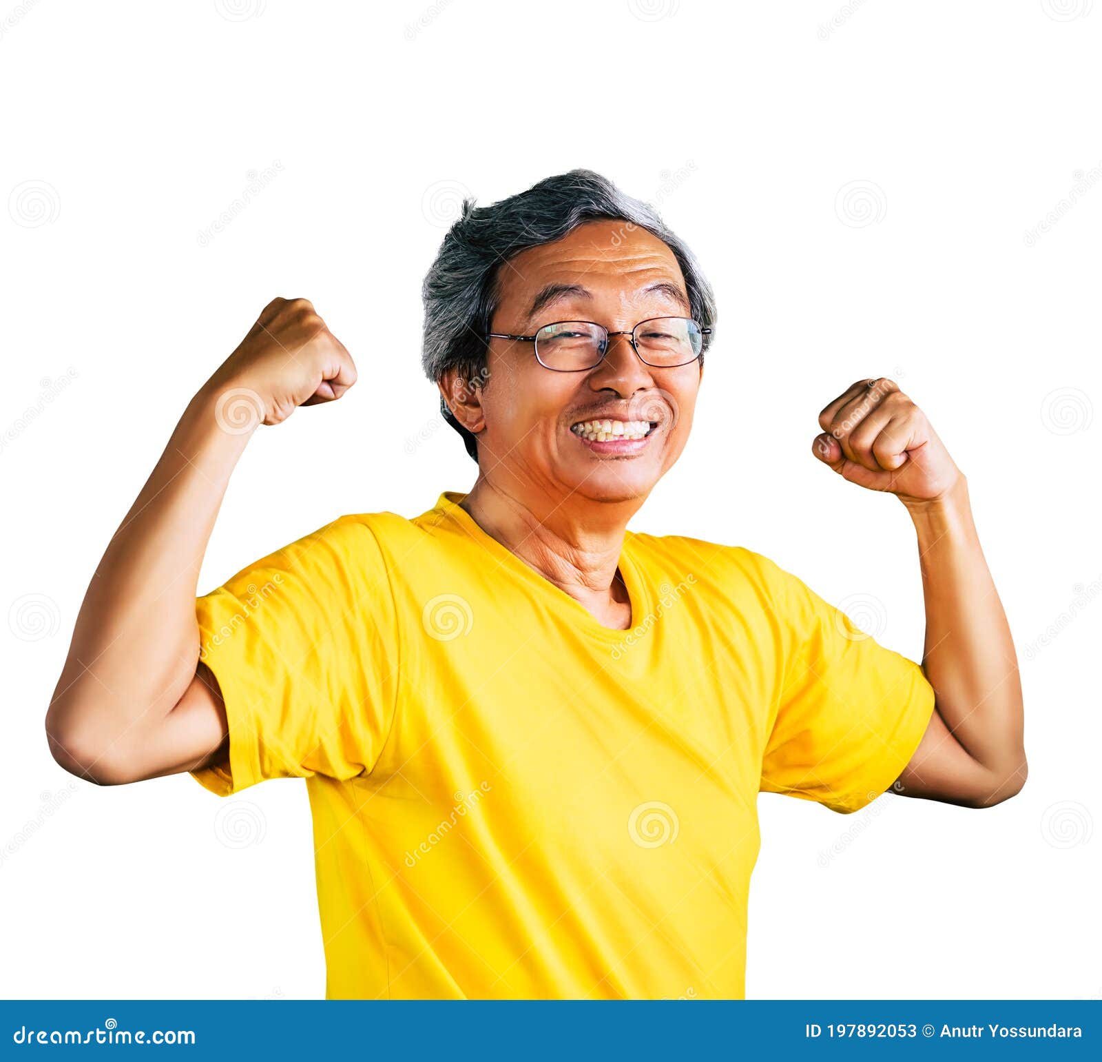 senior man showing off muscle for strong healthy lifestye concept  on white