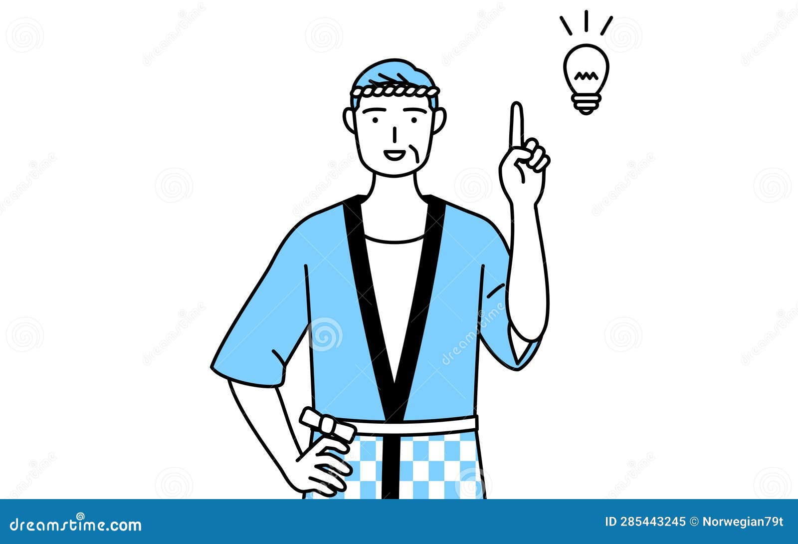 senior man wearing happi coat for summer festivals coming up with an idea