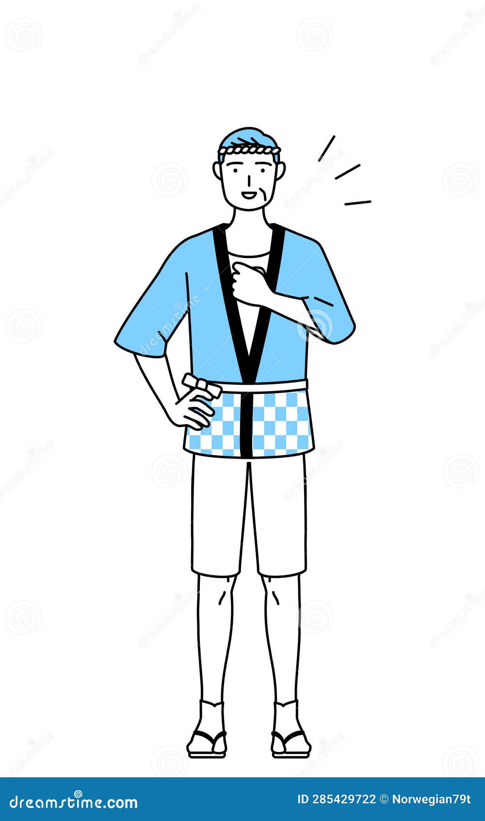 senior man wearing happi coat for summer festivals tapping his chest