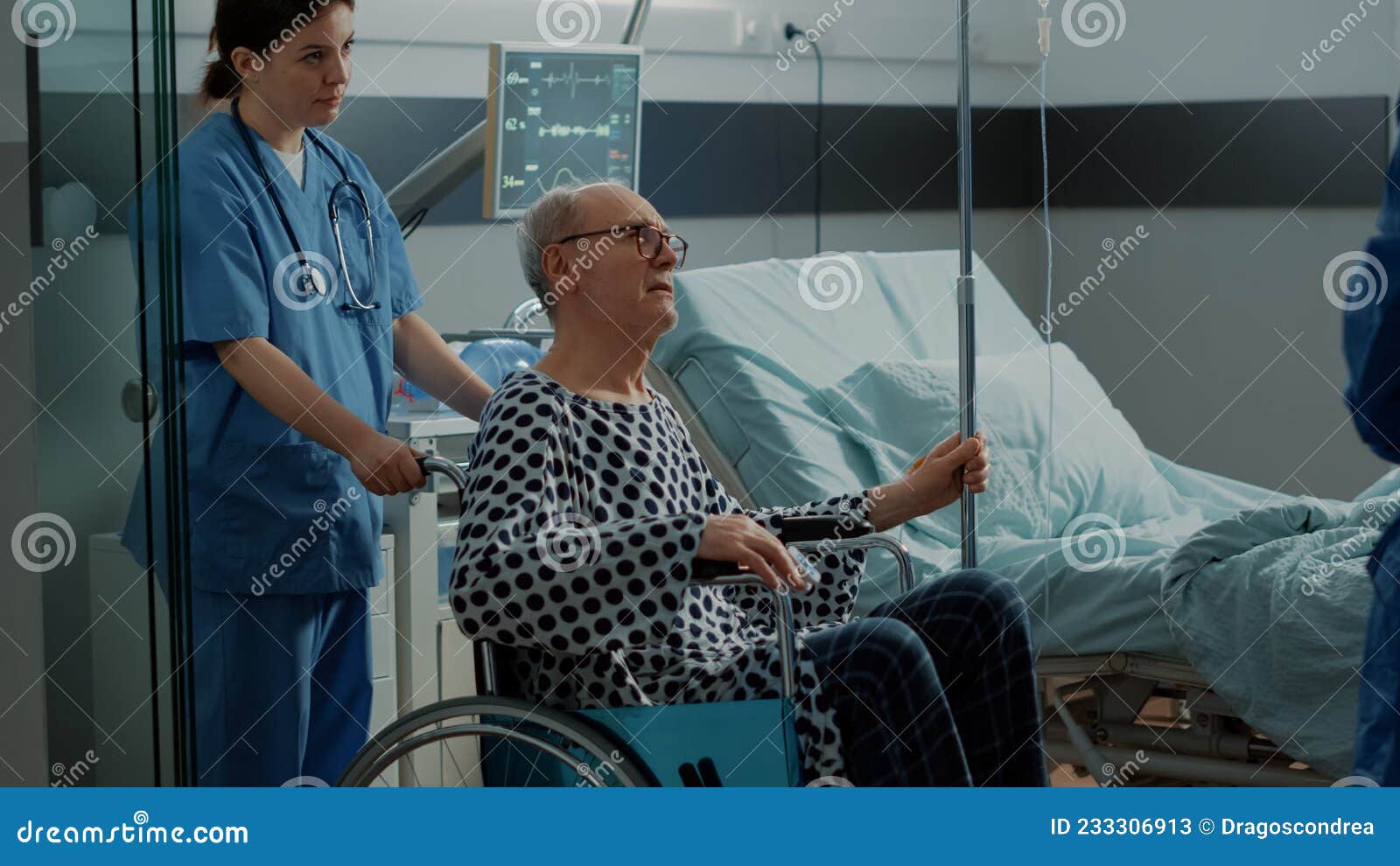 senior patient leaving hospital ward in wheelchair