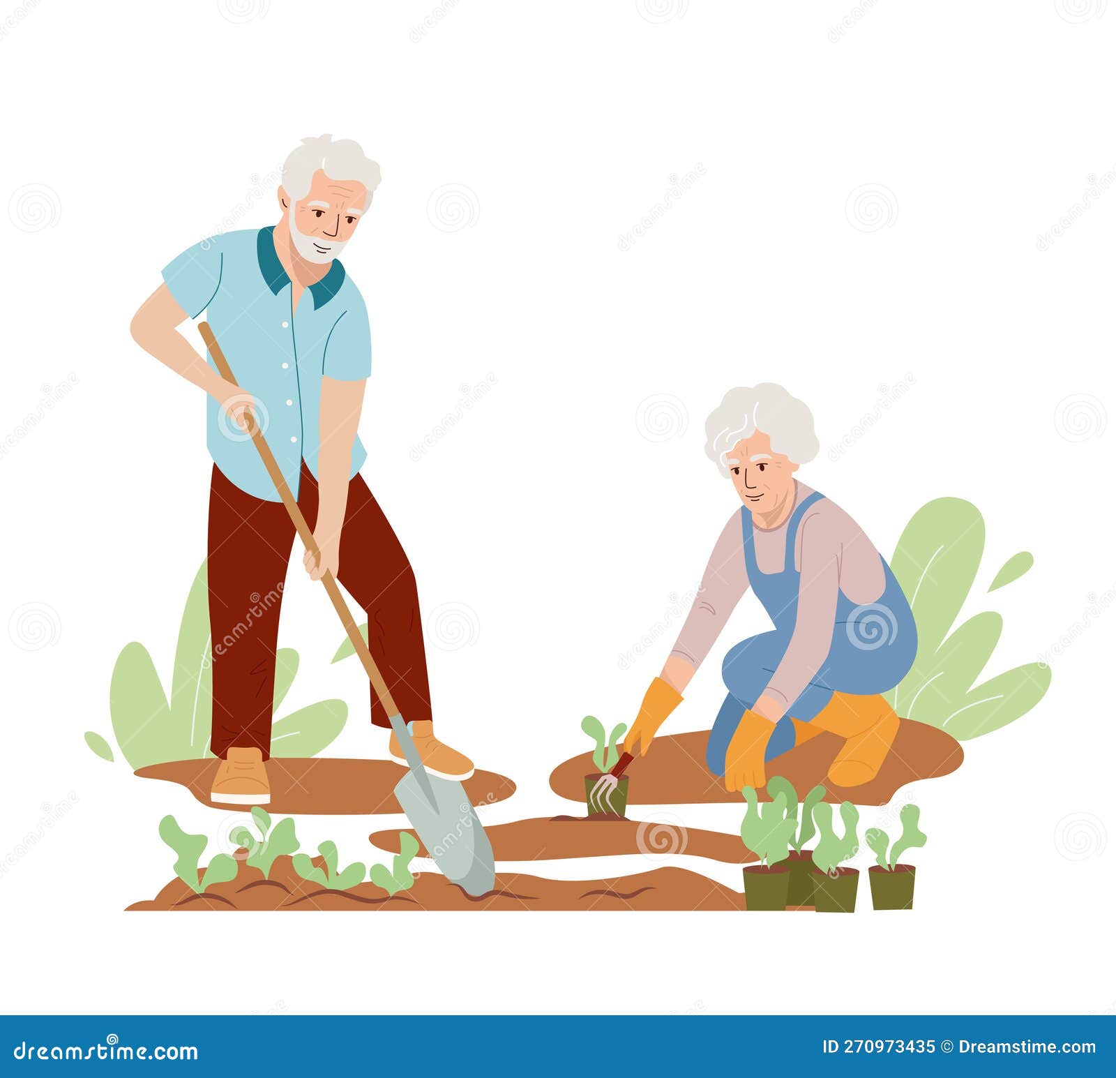 Senior People Planting a Plants. Retired Man with a Spade, Woman Weeds ...
