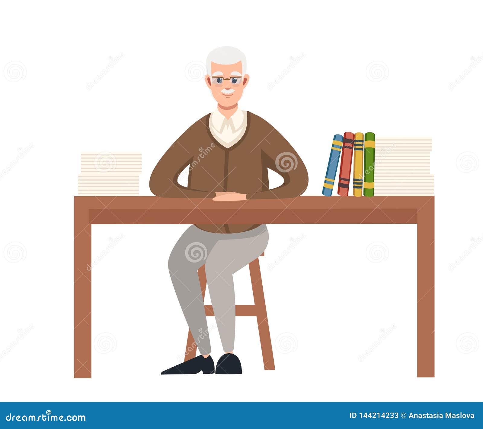 Senior Teacher Professor Sits By The Table Books And List On