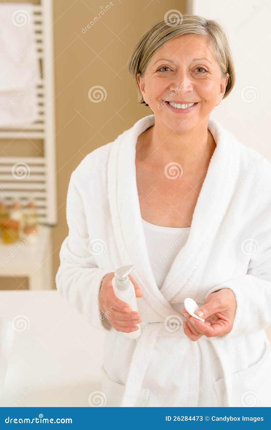 Senior Woman in Bathrobe Hold Cotton Pad Stock Image Image of face